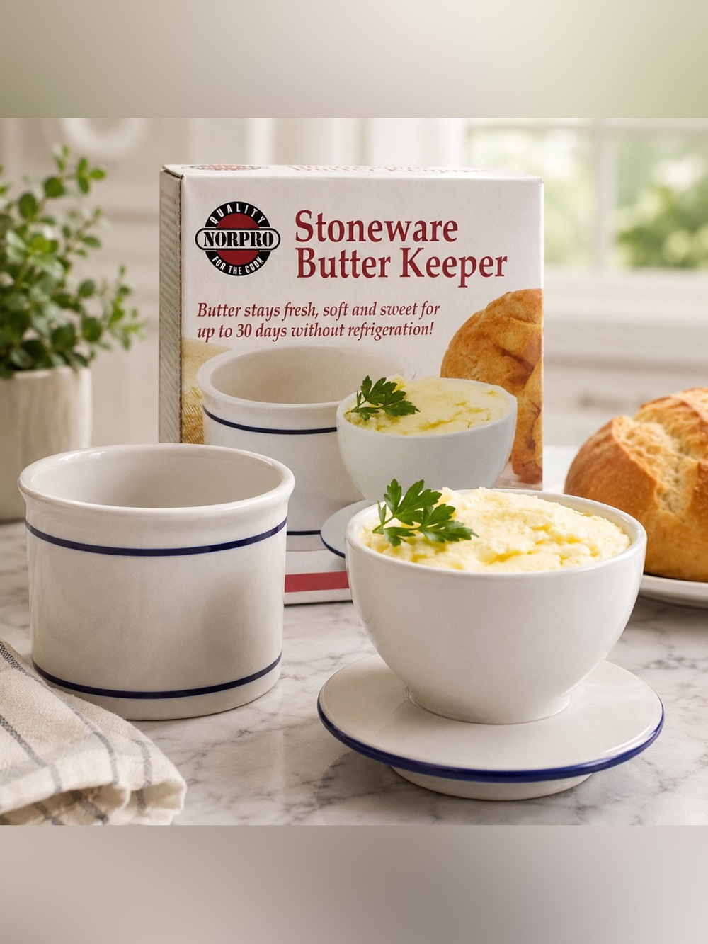 NIB Norpro Stoneware Butter Keeper French Butter Crock White Blue Cottagecore